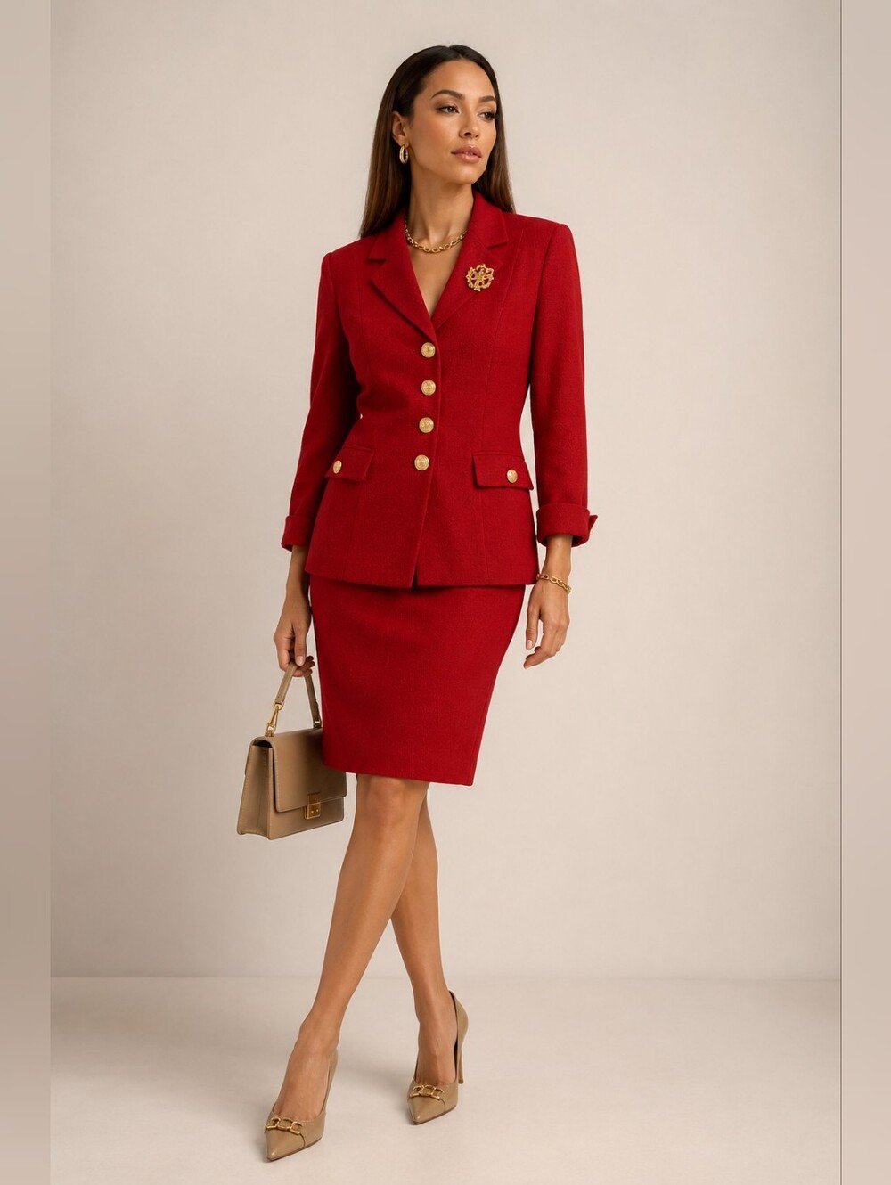 St. John Collection Marie Gray Red Skirt Suit Set Sz 10 Gold Buttons Brooch